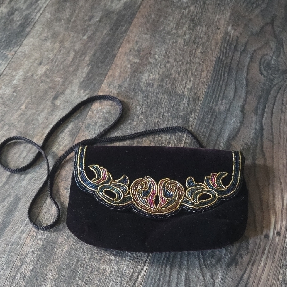 Vintage Black Clutch with Gold and Red Beadwork